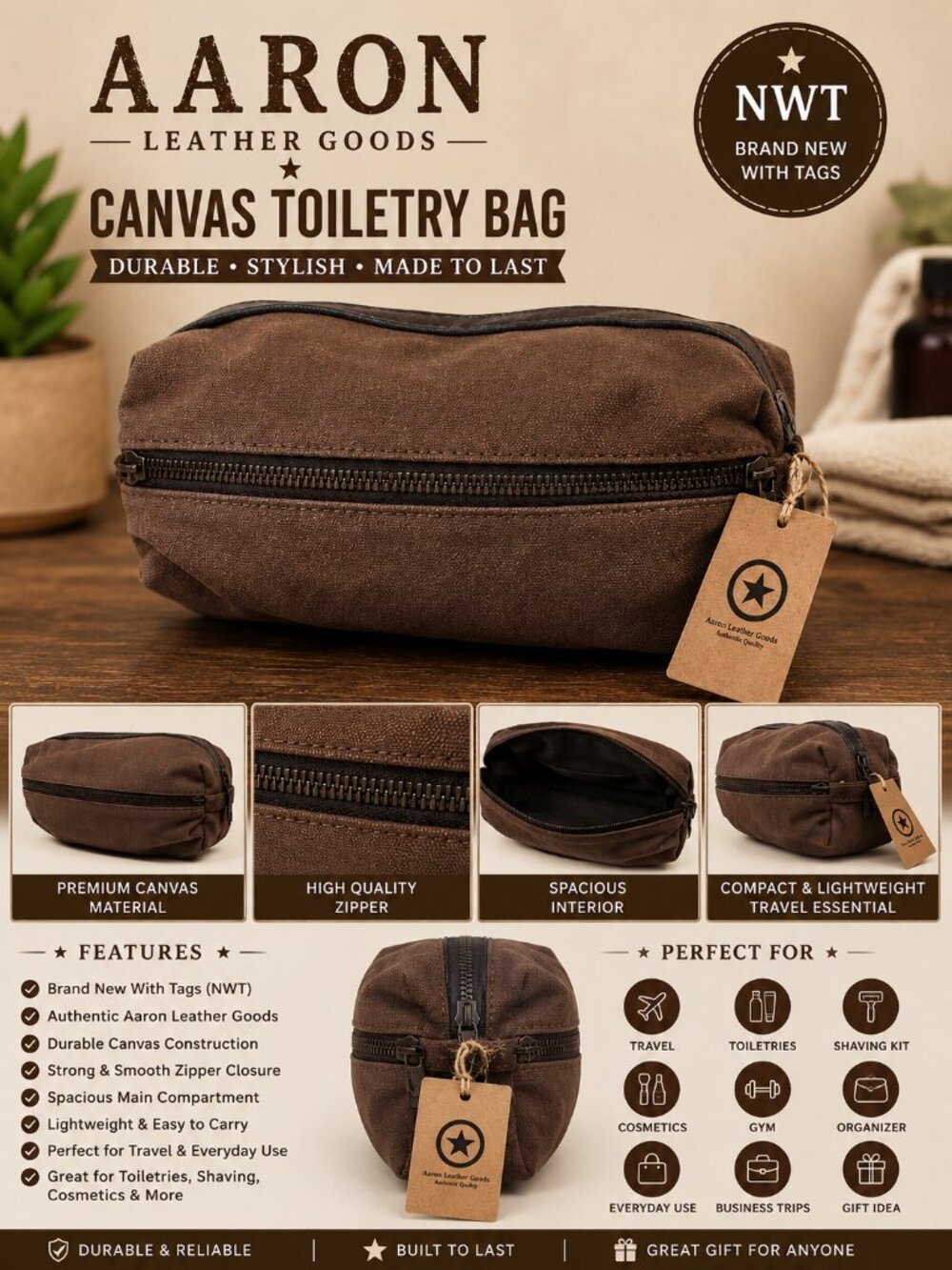 NWT Aaron Leather Goods Canvas Toiletry Bag Travel Dopp Kit Utility Pouch Brown